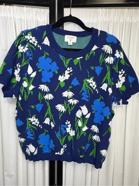 kate spade Navy Blue Floral Crewneck Sweater with White and Green Accents